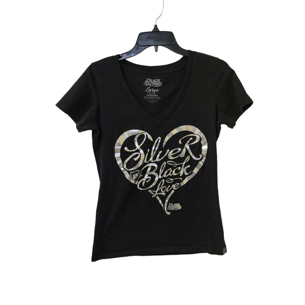 Black Sunday Silver and Black Love V-Neck Top Women's Large